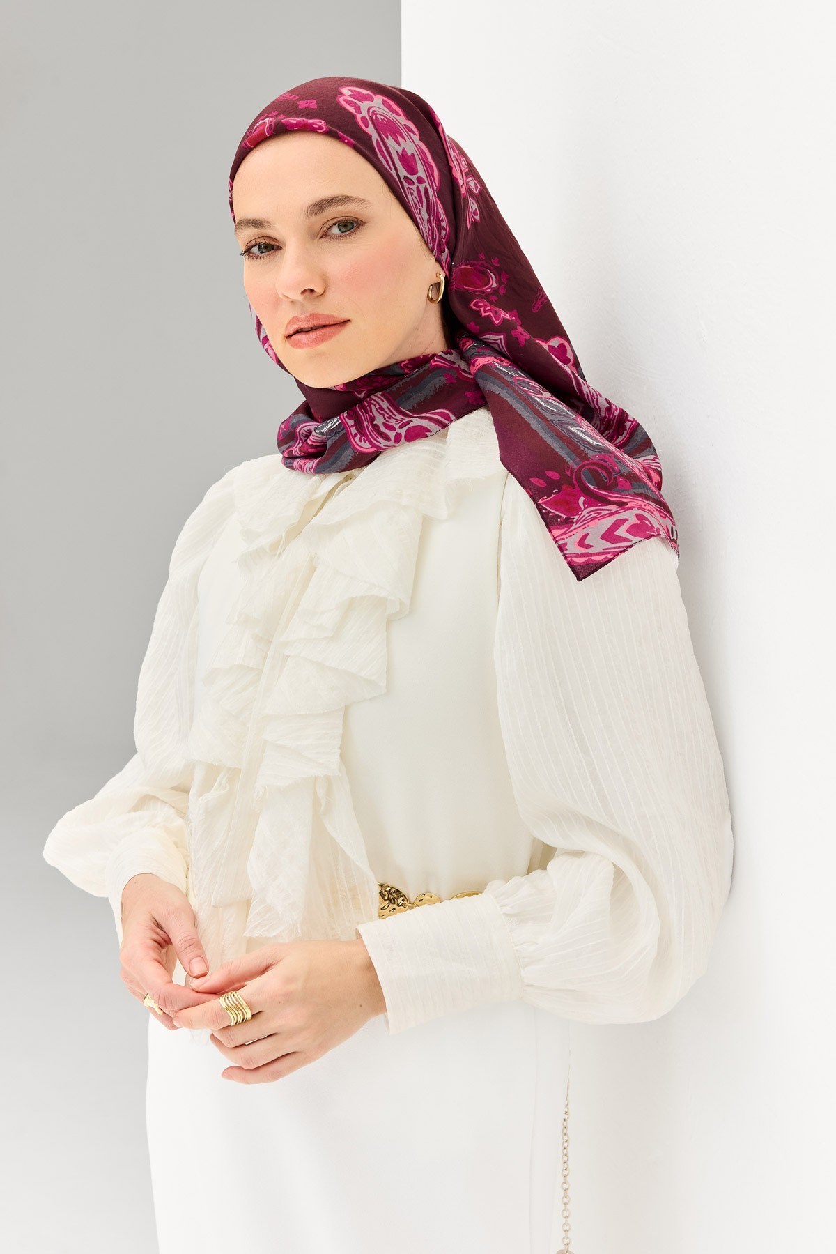 Velora Eşarp Şal Desen Mürdüm 90x90