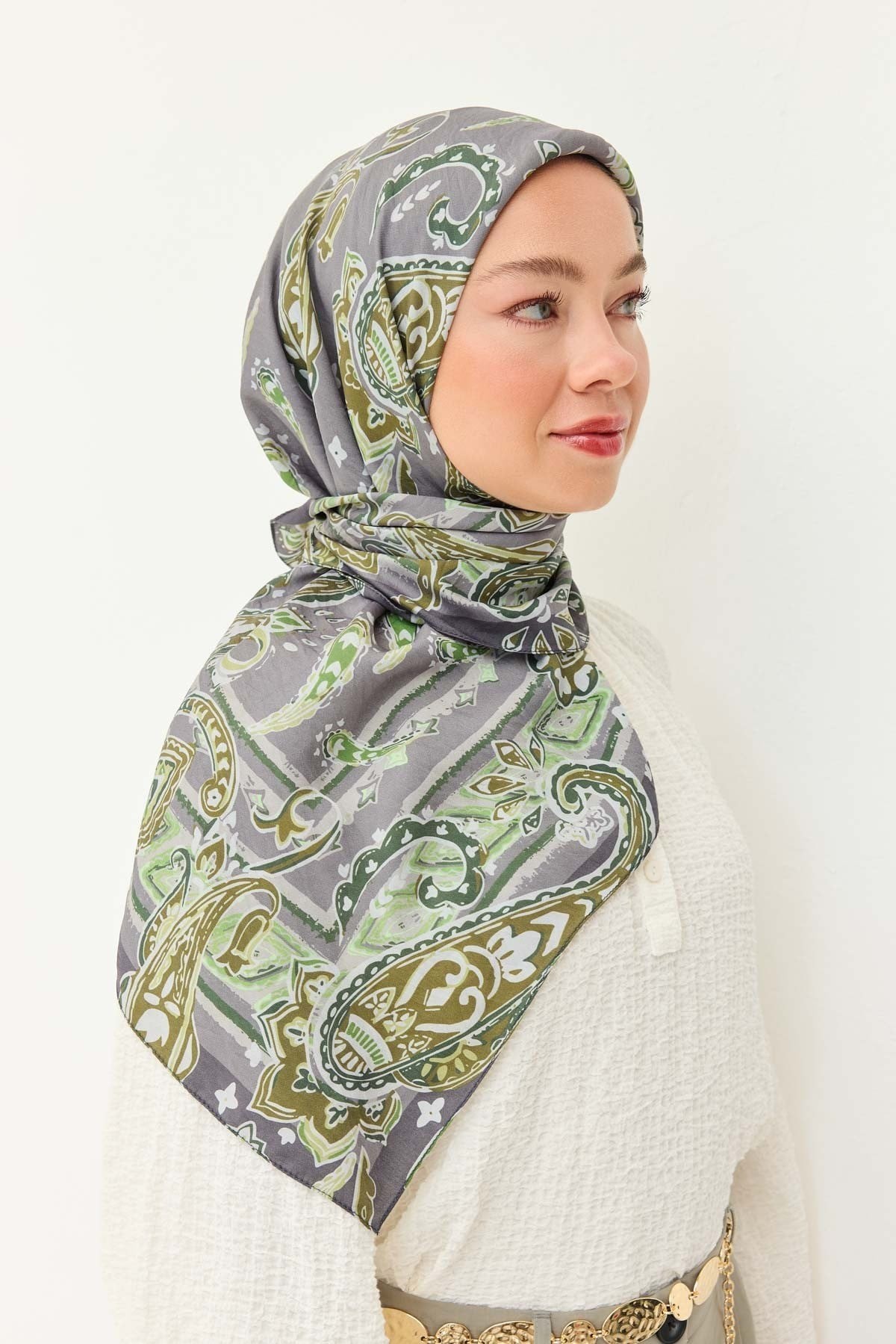 Velora Eşarp Şal Desen Yağ Yeşili 90x90
