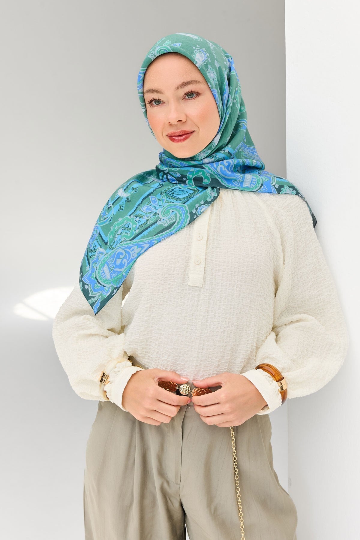 Velora Eşarp Şal Desen Yeşil 90x90