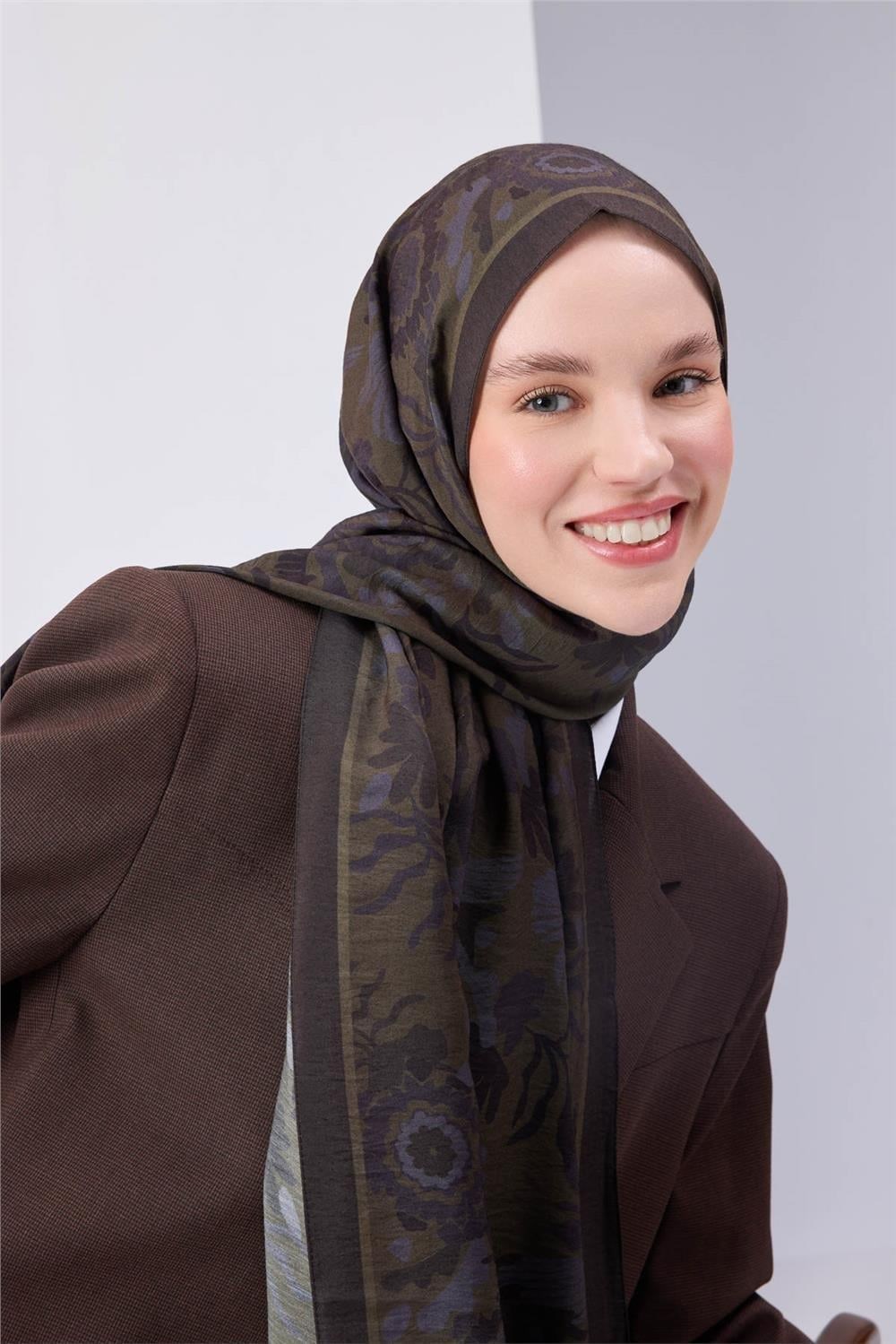 Viskon Karışımlı Mayda Şal Haki-İndigo Desenli Tok Duruşlu 190x70