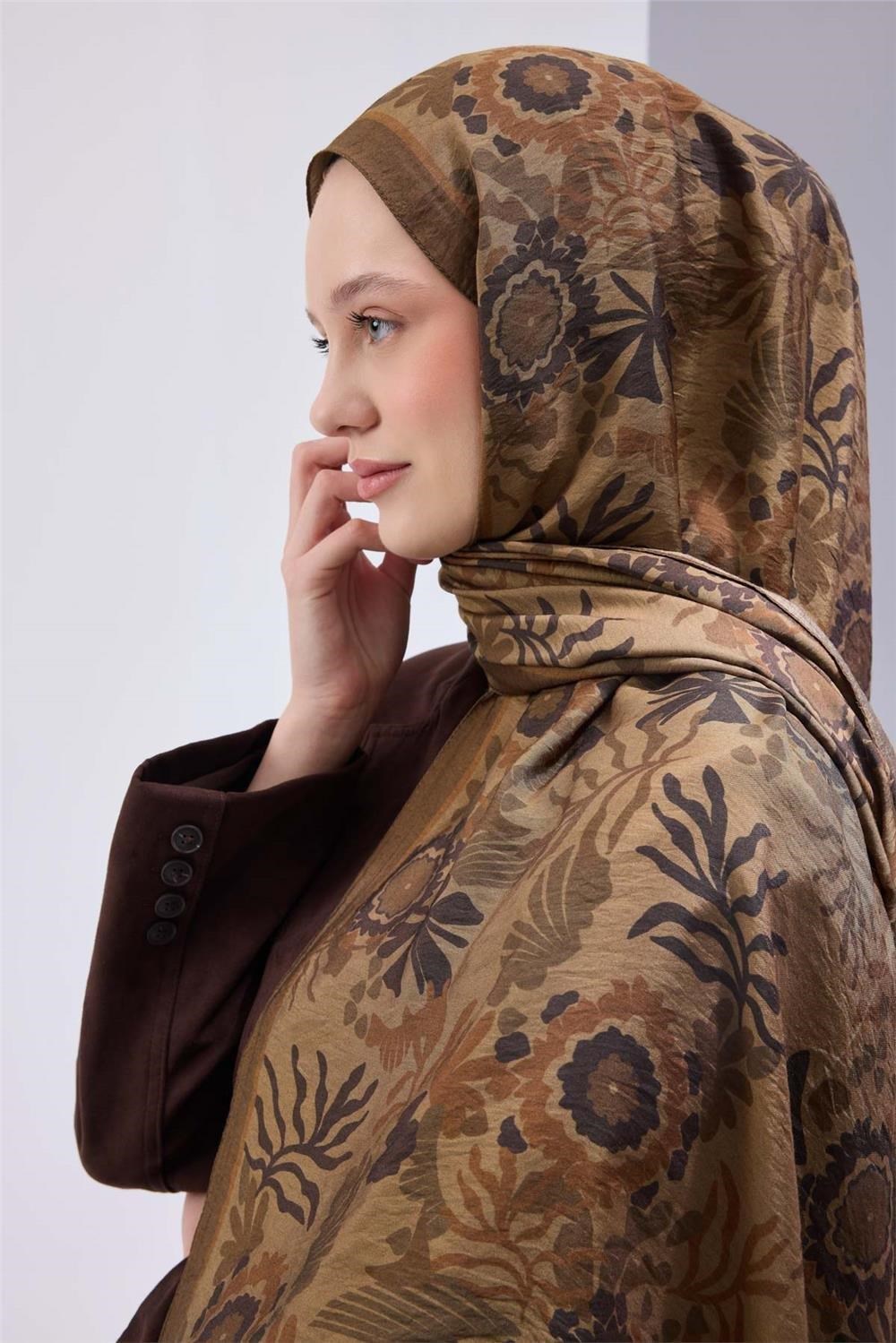 Viskon Karışımlı Mayda Şal Sütlü Kahve-Botanik Desenli Tok Duruşlu 190x70