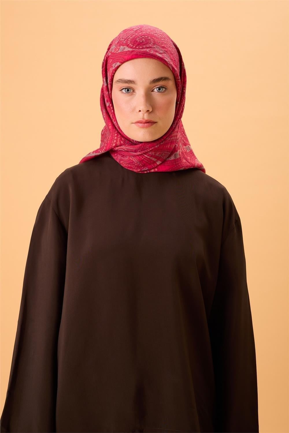 Viskon Karışımlı Velora Eşarp Fuşya-Metalik Gri Pembe Desenli Tok Duruşlu 90x90