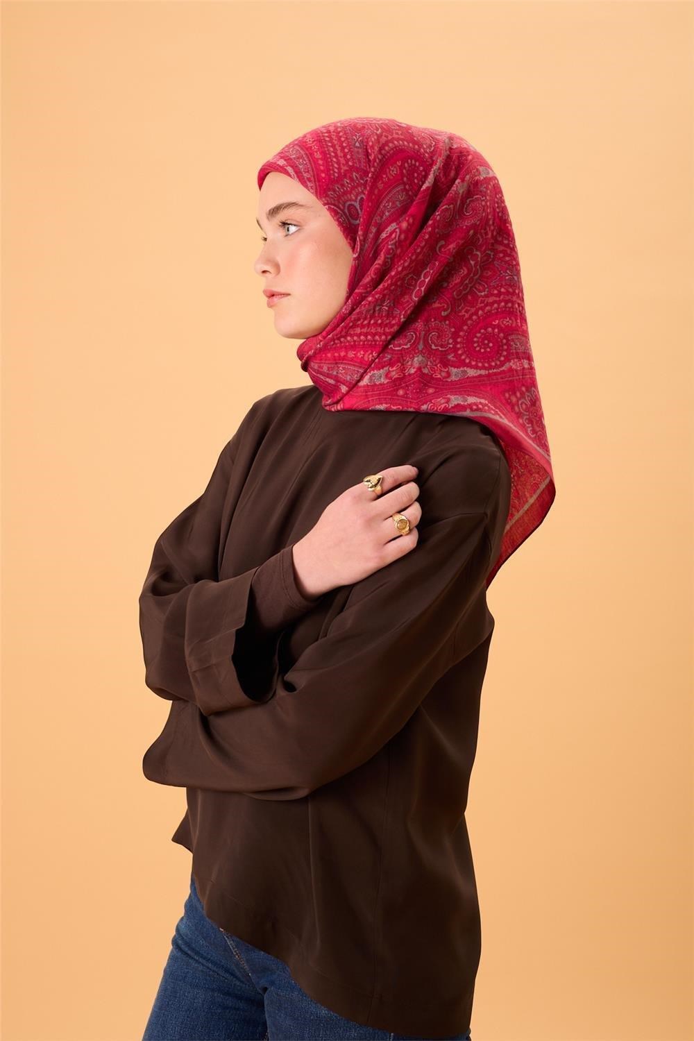 Viskon Karışımlı Velora Eşarp Fuşya-Metalik Gri Pembe Desenli Tok Duruşlu 90x90