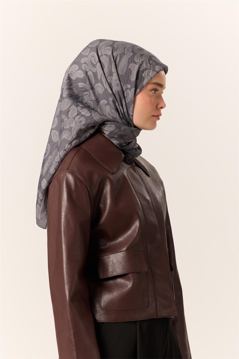 Viskon Karışımlı Velora Eşarp Koyu Gri-Gri Desenli Yumuşak Dokulu Tok Duruşlu 90x90