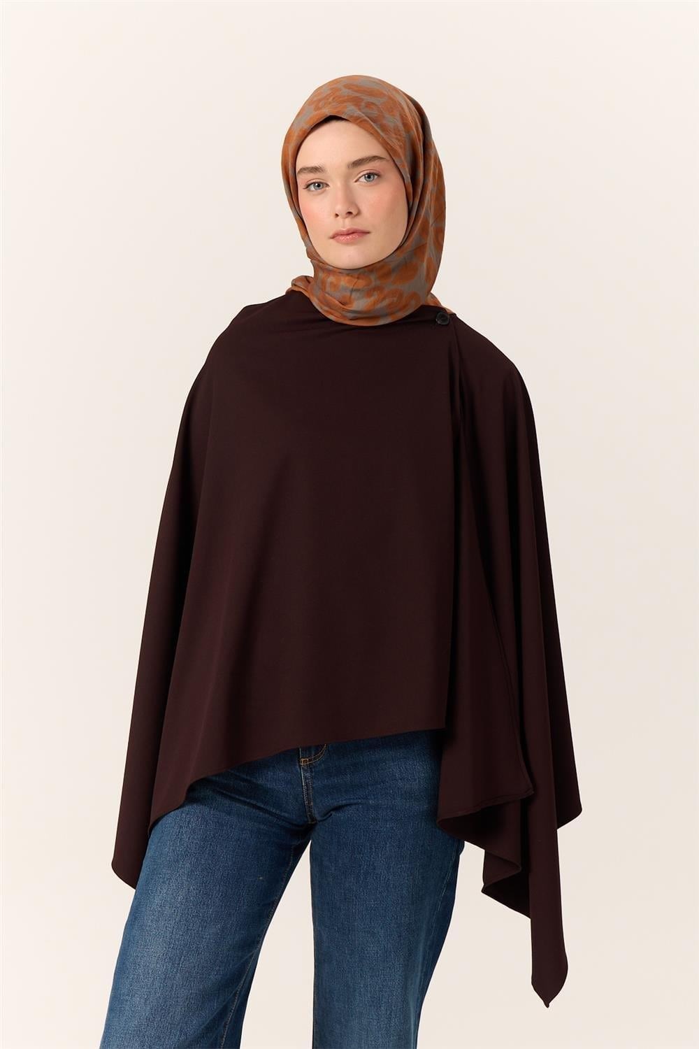 Viskon Karışımlı Velora Eşarp Koyu Gri-Kiremit-Turuncu Desenli İnce Dokulu Dökümlü 90x90