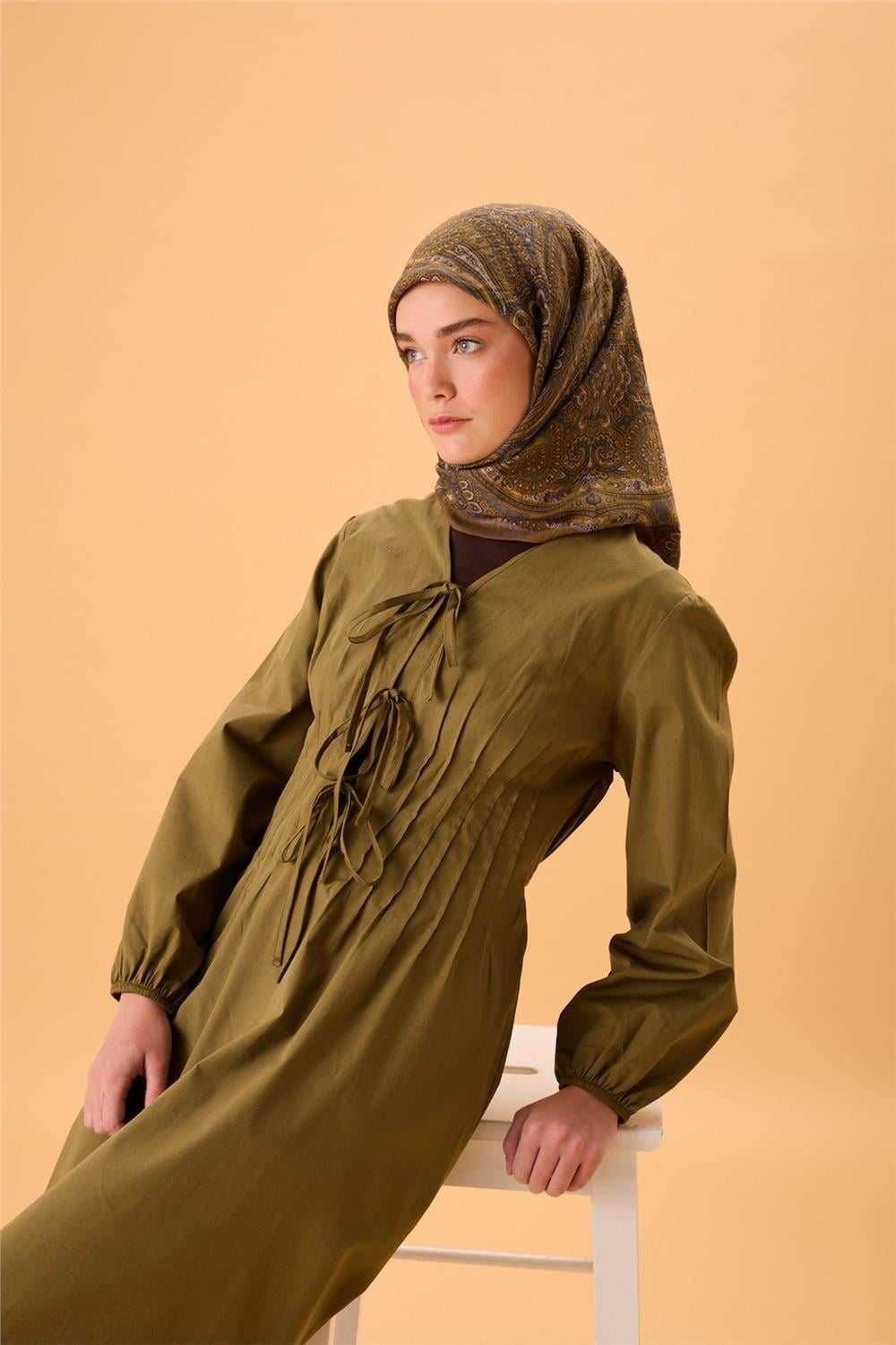 Viskon Karışımlı Velora Eşarp Koyu Gri-Olive İndigo Krem Desenli Tok Duruşlu 90x90