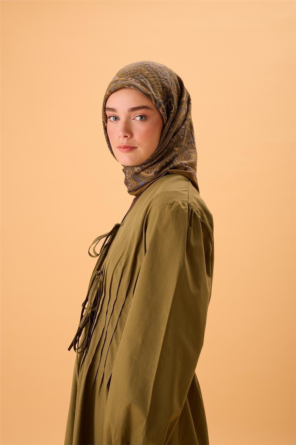 Viskon Karışımlı Velora Eşarp Koyu Gri-Olive İndigo Krem Desenli Tok Duruşlu 90x90