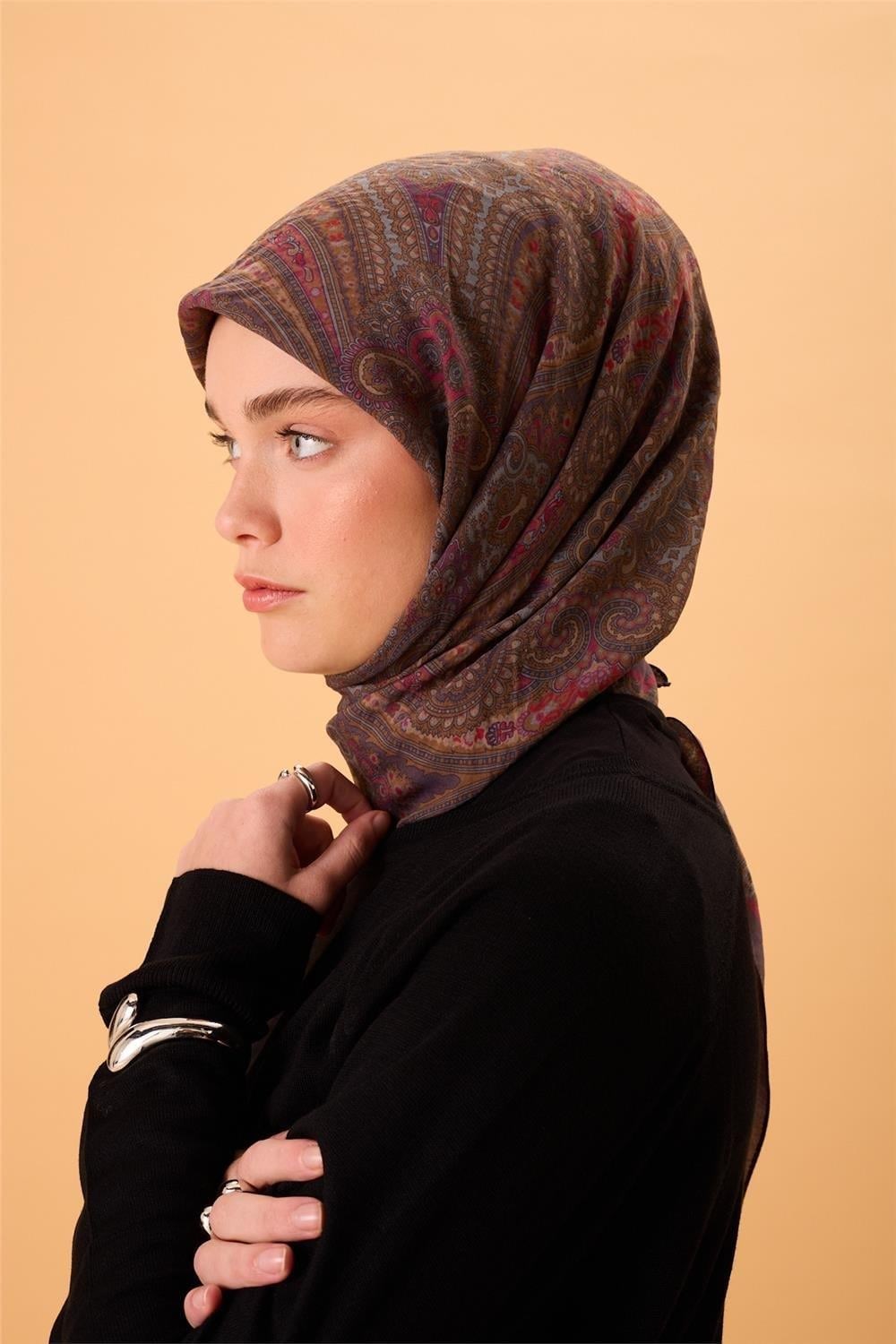 Viskon Karışımlı Velora Eşarp Koyu Mor-Fuşya Çelik Mavi Desenli Tok Duruşlu 90x90