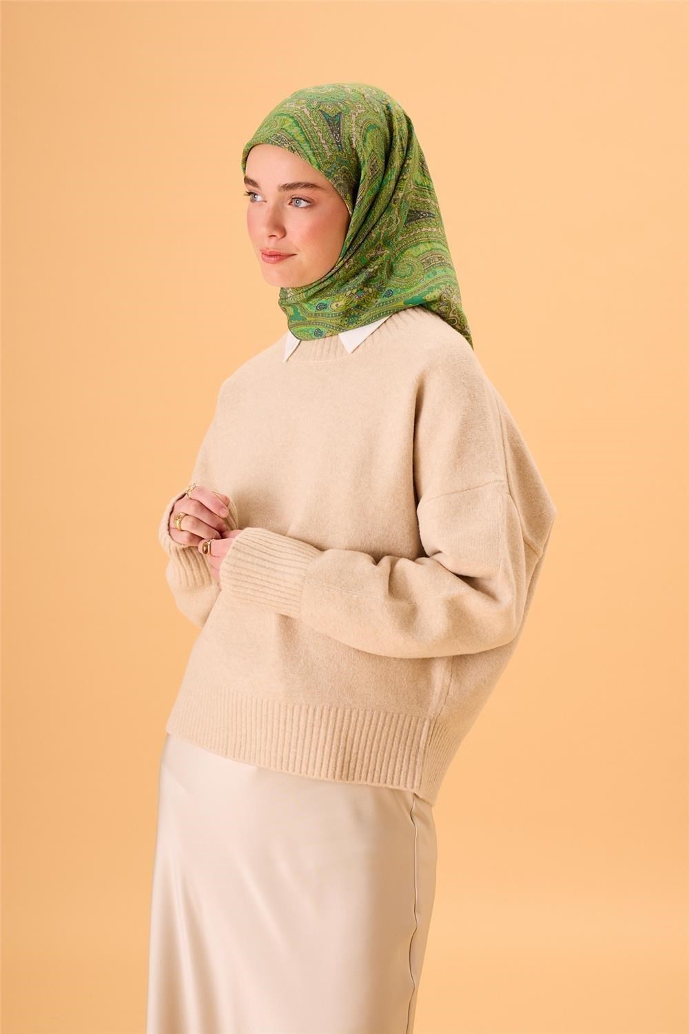 Viskon Karışımlı Velora Eşarp Koyu Yeşil-Fıstık Yeşili Desenli Dökümlü Yumuşak Dokulu 90x90