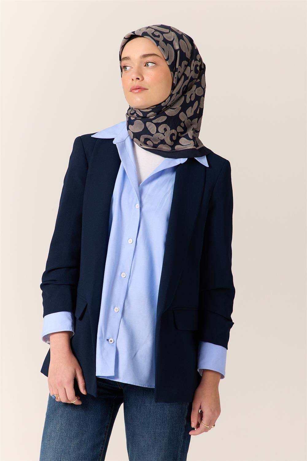 Viskon Karışımlı Velora Eşarp Lacivert-Gümüş Desenli Yumuşak Dokulu Tok Duruşlu 90x90