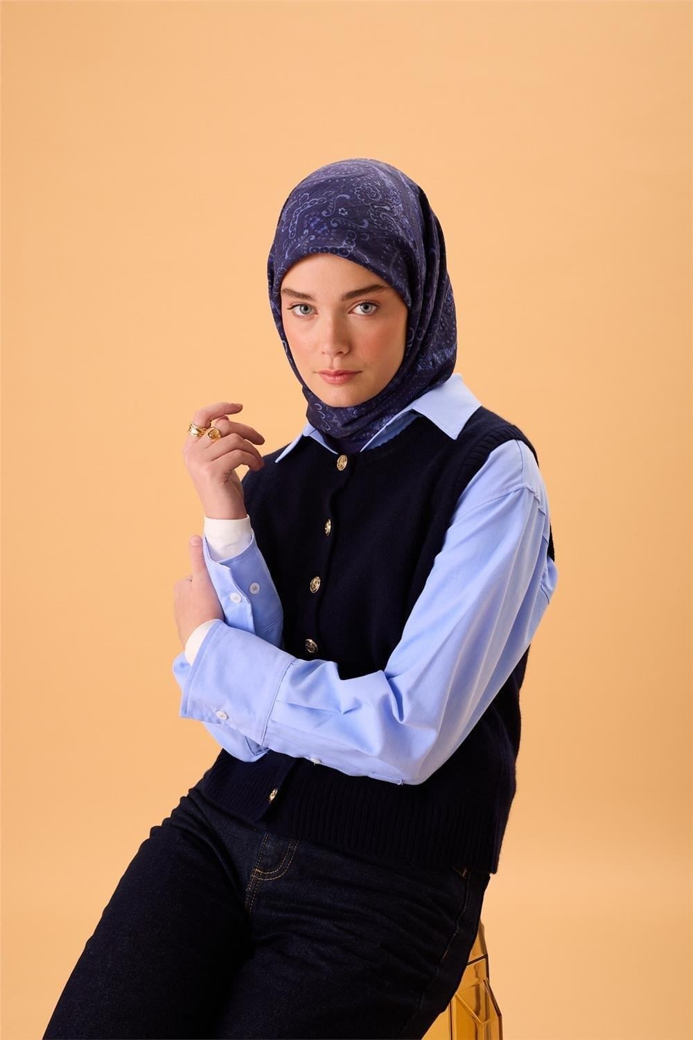 Viskon Karışımlı Velora Eşarp Lacivert-Morcivert Lila Bebe Mavi Desenli Tok Duruşlu 90x90