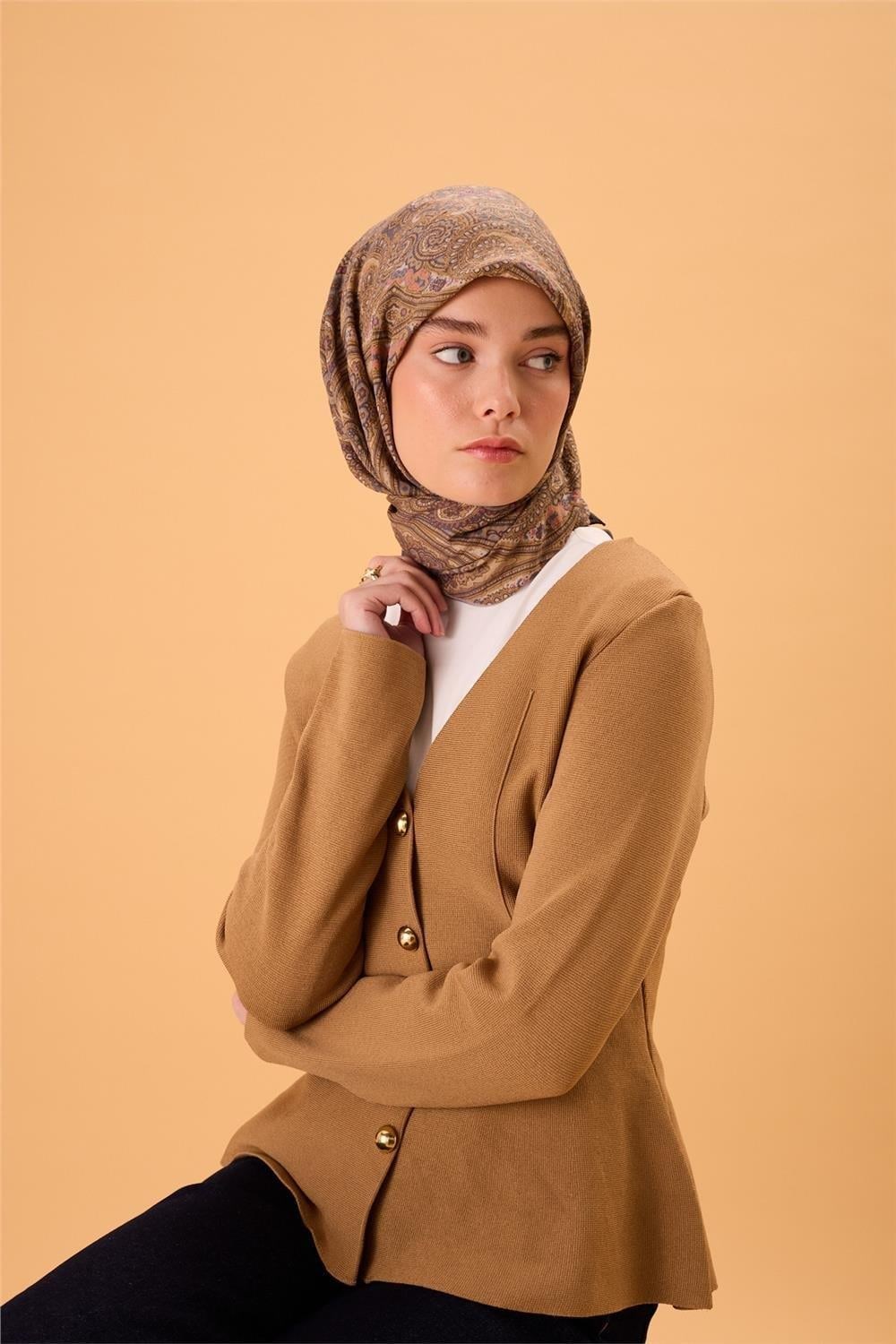 Viskon Karışımlı Velora Eşarp Metalik Gri-Gold Bebe Mavi Pembe Desenli Tok Duruşlu 90x90