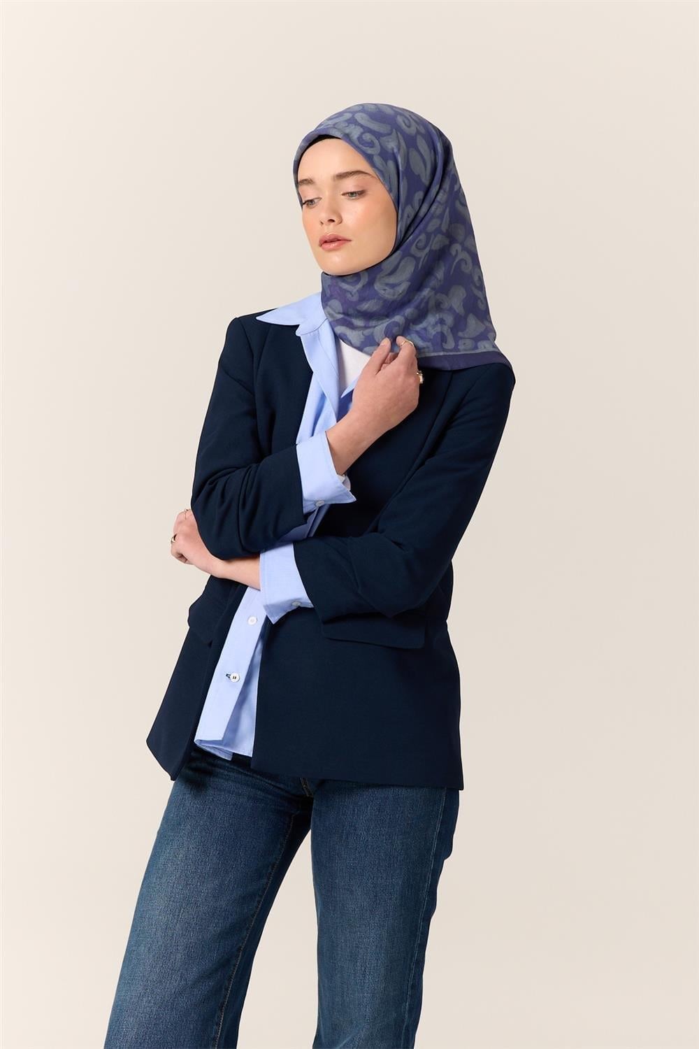 Viskon Karışımlı Velora Eşarp Mor-Gri Desenli İnce Dokulu Dökümlü 90x90