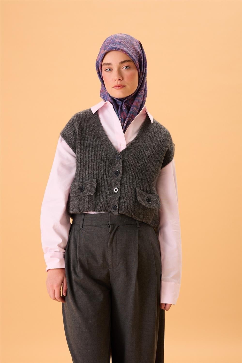 Viskon Karışımlı Velora Eşarp Mor-Somon Pudra Yeşil Desenli Tok Duruşlu 90x90