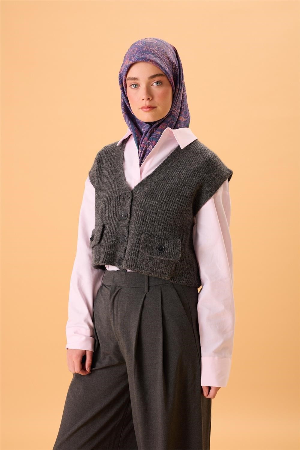 Viskon Karışımlı Velora Eşarp Mor-Somon Pudra Yeşil Desenli Tok Duruşlu 90x90