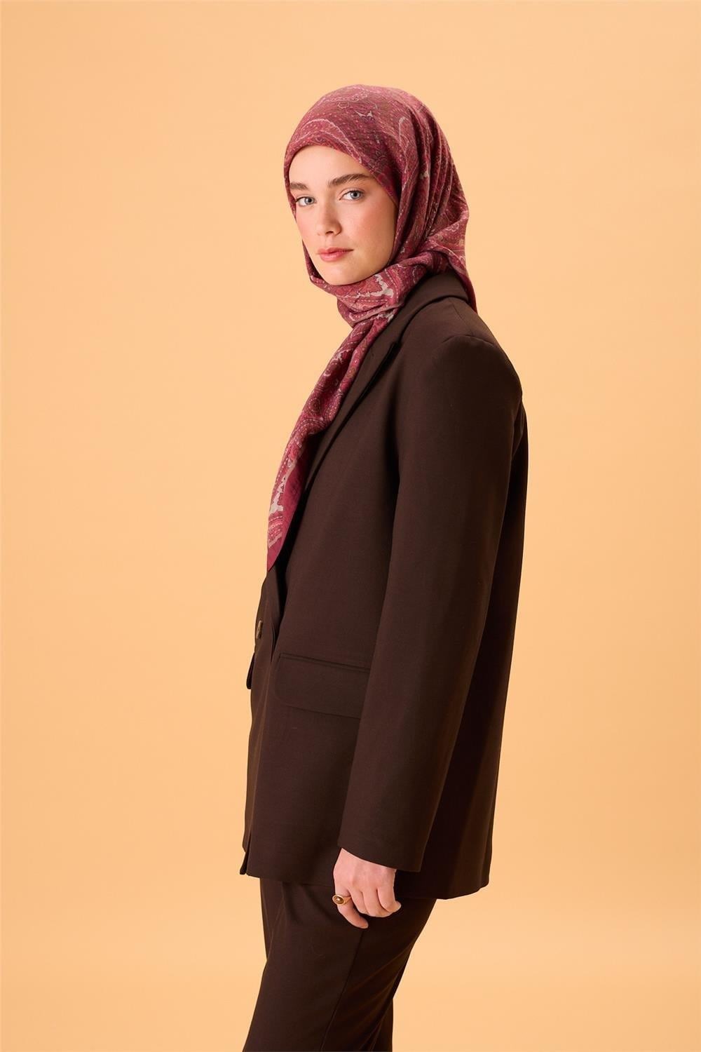 Viskon Karışımlı Velora Eşarp Mürdüm-Vizon Yeşil Gümüş Pembe Desenli Tok Duruşlu 90x90