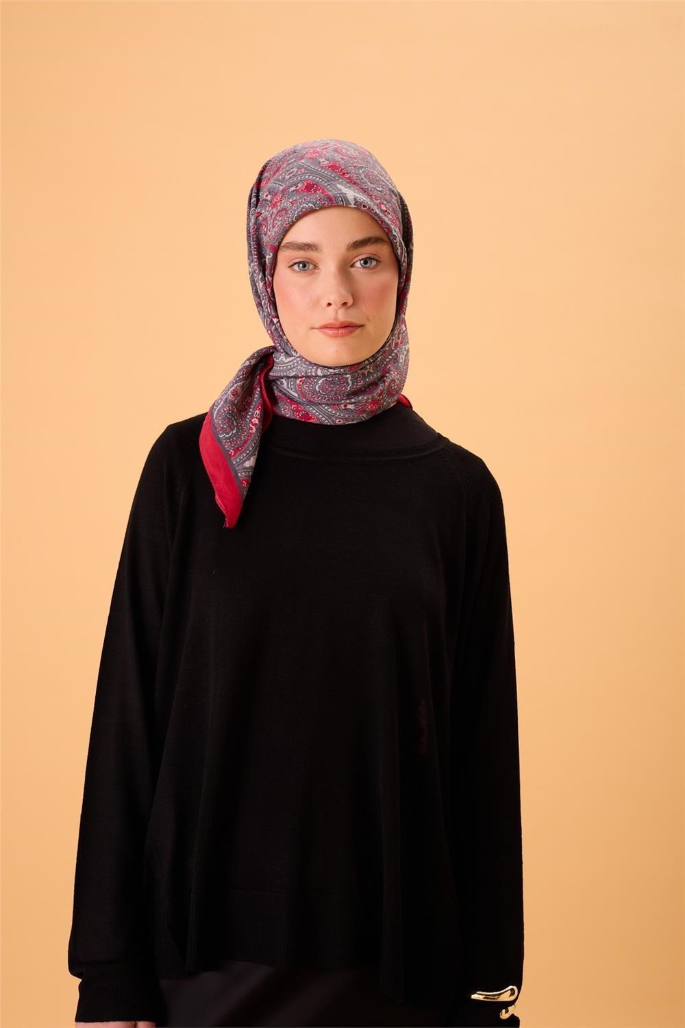 Viskon Karışımlı Velora Eşarp Narçiçeği-Koyu Gri Gümüş Krem Desenli Tok Duruşlu 90x90