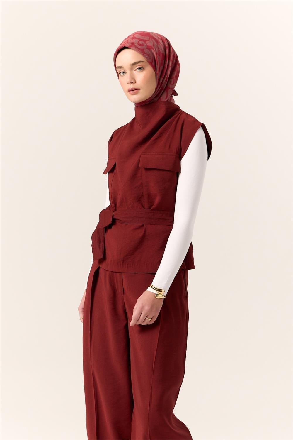 Viskon Karışımlı Velora Eşarp Narin Çiçeği-Bordo-Gri Desenli İnce Dokulu Dökümlü 90x90