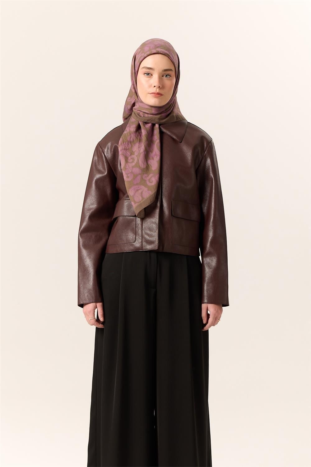 Viskon Karışımlı Velora Eşarp Olive-Eflatun Desenli Yumuşak Dokulu Tok Duruşlu 90x90