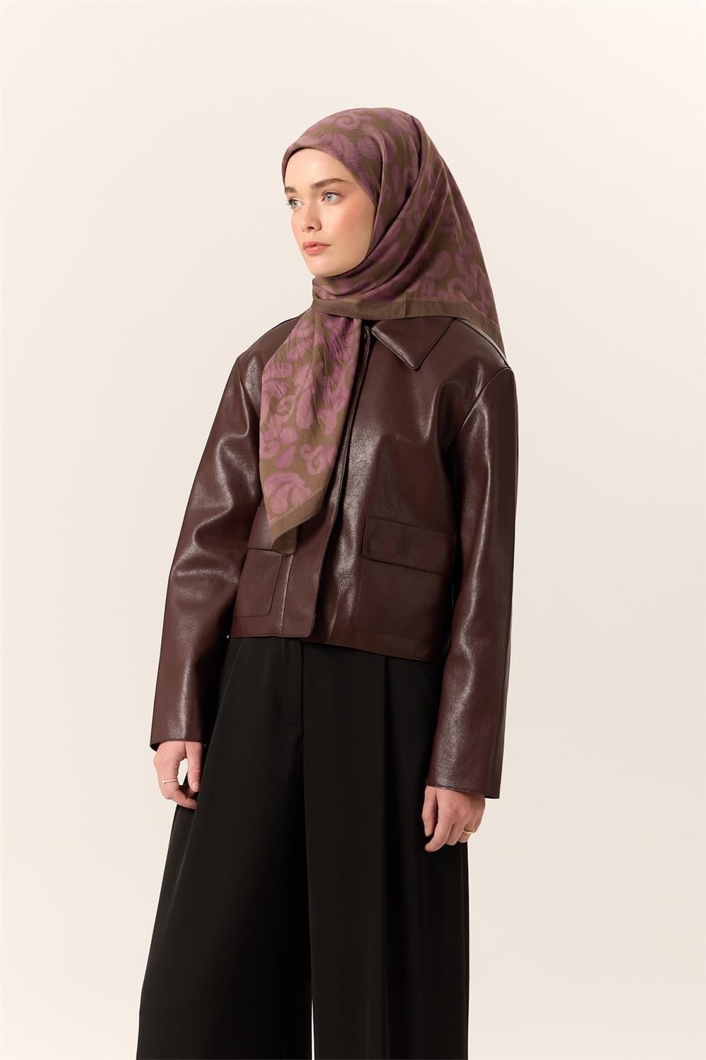 Viskon Karışımlı Velora Eşarp Olive-Eflatun Desenli Yumuşak Dokulu Tok Duruşlu 90x90