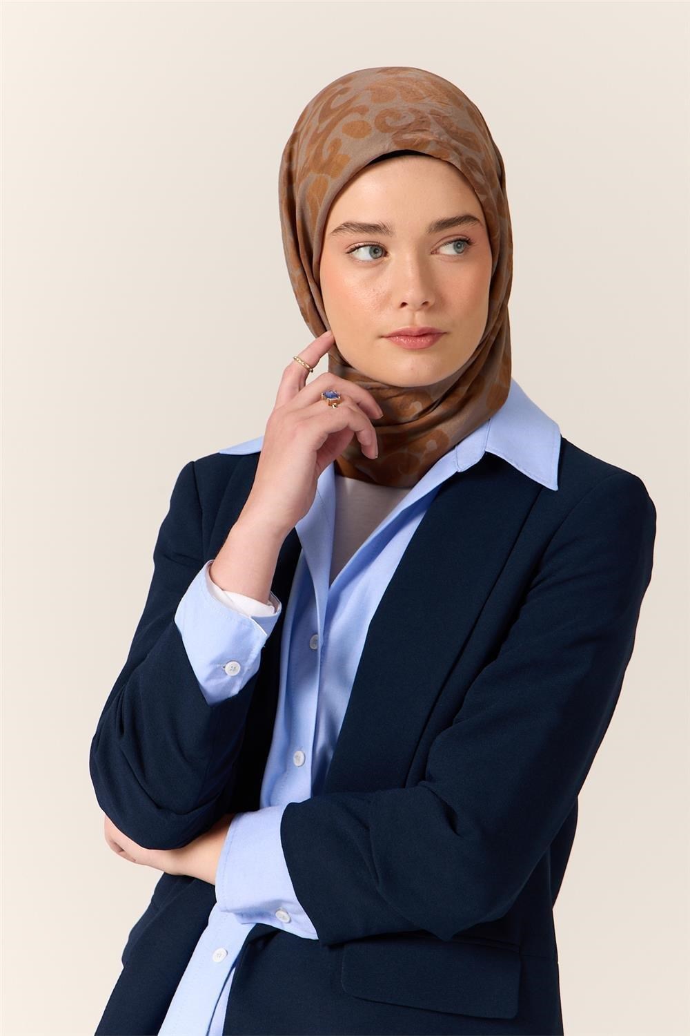 Viskon Karışımlı Velora Eşarp Taba-Gri-Soğan Kabuğu Desenli İnce Dokulu Dökümlü 90x90