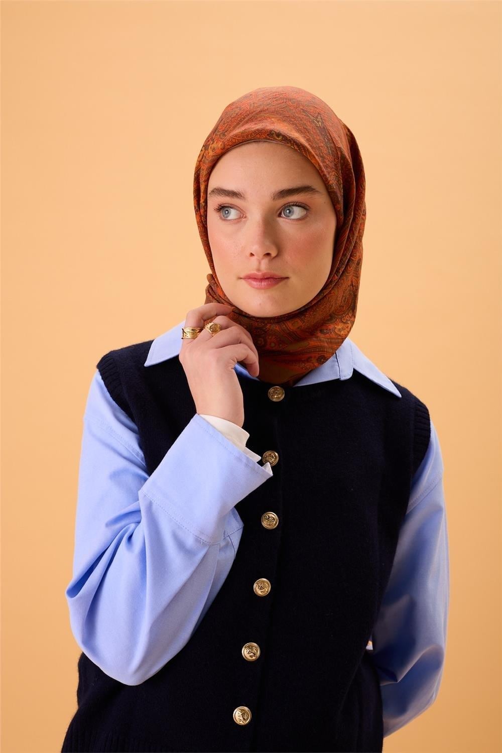 Viskon Karışımlı Velora Eşarp Yeşil Kahve-Turuncu Asit Desenli Tok Duruşlu 90x90