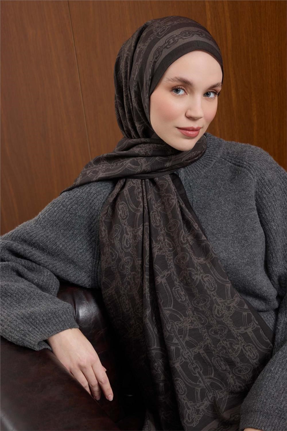 Viskon Mayda Şal Antrasit Zincir Desenli Tok Duruşlu 190x70