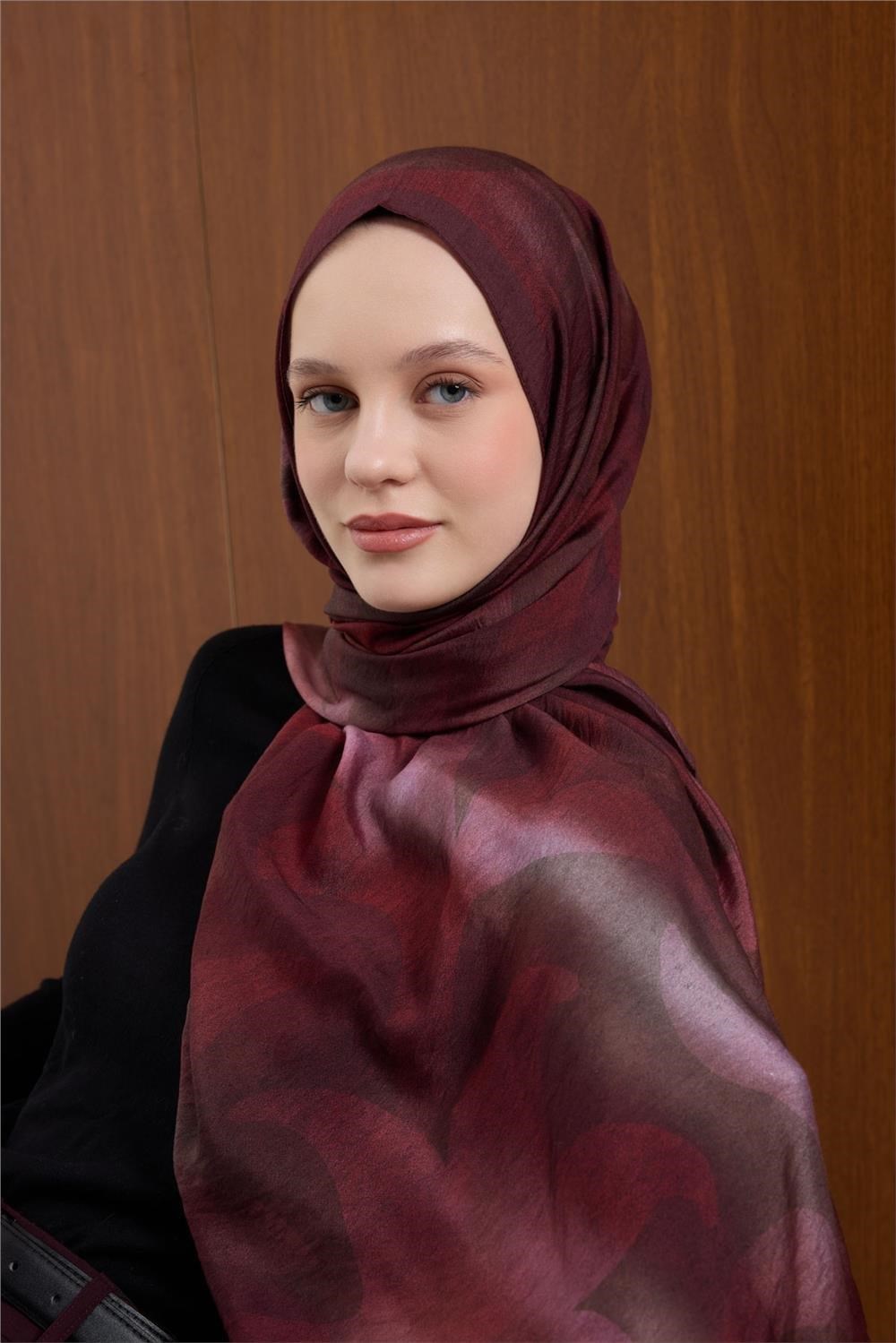 Viskon Mayda Şal Bordo-Pembe Dalga Desenli Tok Duruşlu 190x70