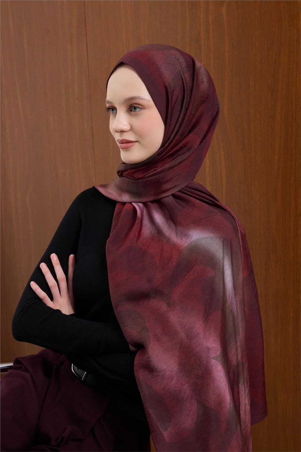 Viskon Mayda Şal Bordo-Pembe Dalga Desenli Tok Duruşlu 190x70