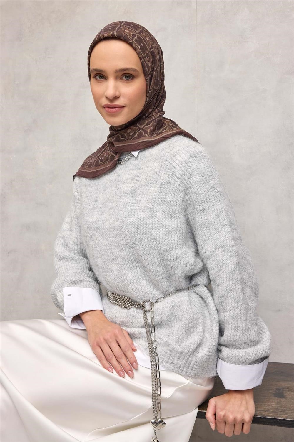 Viskon Velora Eşarp Acı Kahve Yonca Desenli Tok Duruşlu 90x90