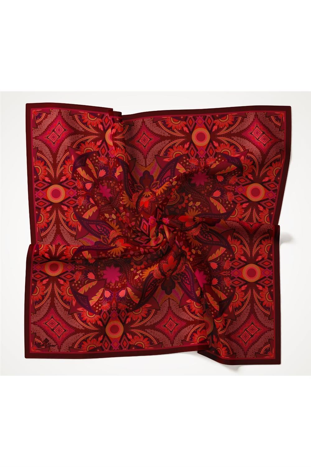 Viskon Velora Eşarp Bordo Desenli Tok Duruşlu Dört Mevsim 90x90