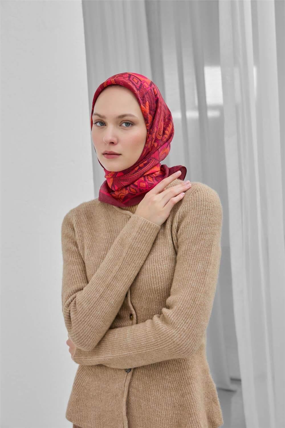 Viskon Velora Eşarp Bordo Desenli Tok Duruşlu Dört Mevsim 90x90