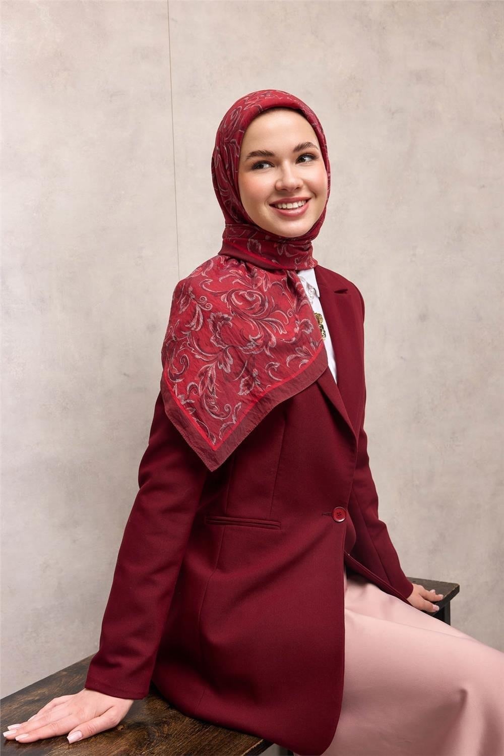 Viskon Velora Eşarp Bordo Floral Desenli Tok Duruşlu 90x90