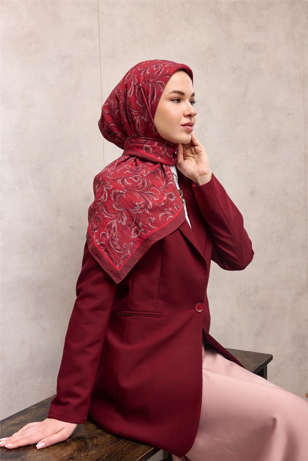 Viskon Velora Eşarp Bordo Floral Desenli Tok Duruşlu 90x90