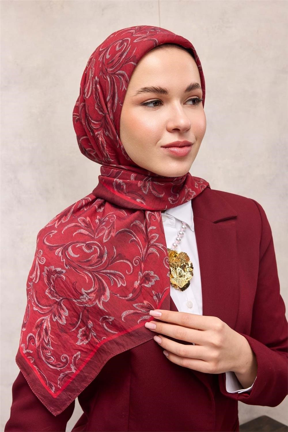 Viskon Velora Eşarp Bordo Floral Desenli Tok Duruşlu 90x90