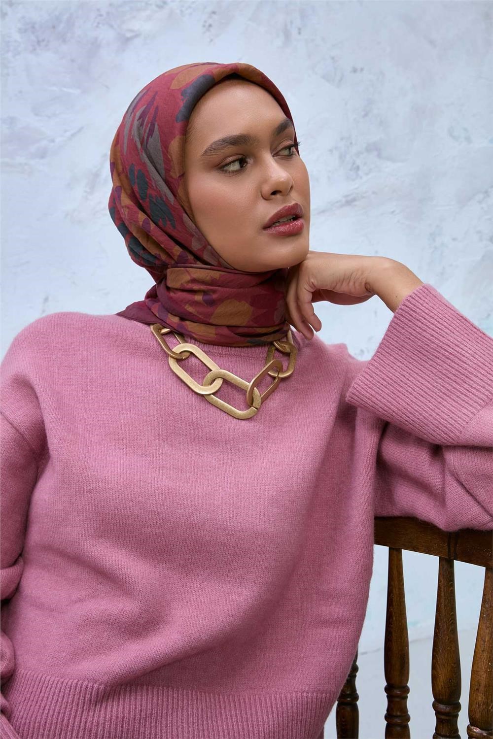 Viskon Velora Eşarp Bordo Kahve-Rose-Petrol Yeşili Desenli Kaymaz Dokulu Tok Duruşlu 90x90