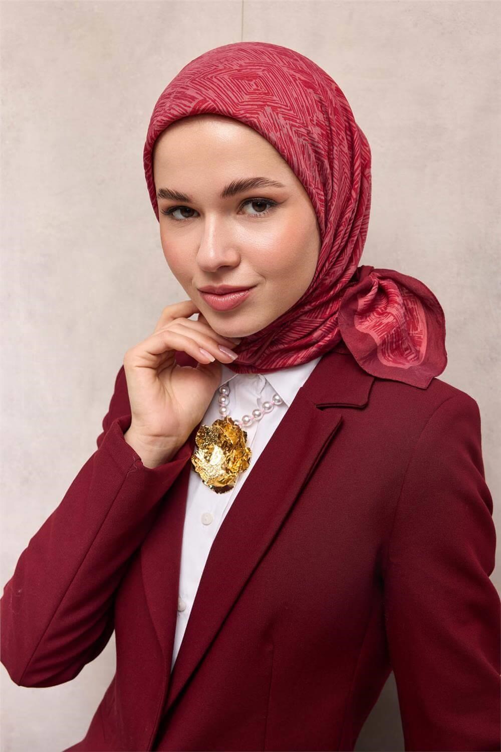 Viskon Velora Eşarp Bordo Labirent Desenli Tok Duruşlu Kaymaz 90x90