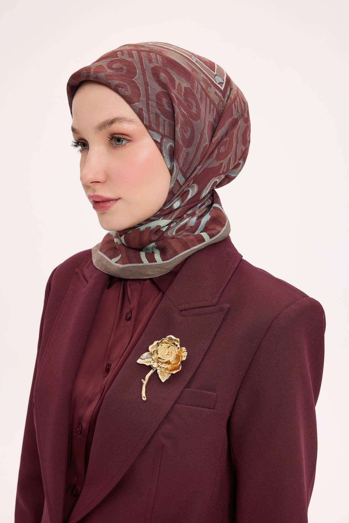 Viskon Velora Eşarp Dört Mevsim Antik Motif Desen Kiremit Bordo 90X90