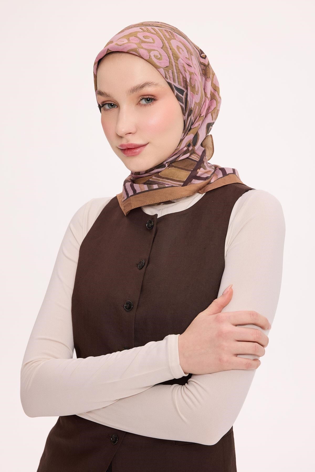 Viskon Velora Eşarp Dört Mevsim Antik Motif Desen Toz Pembe 90X90