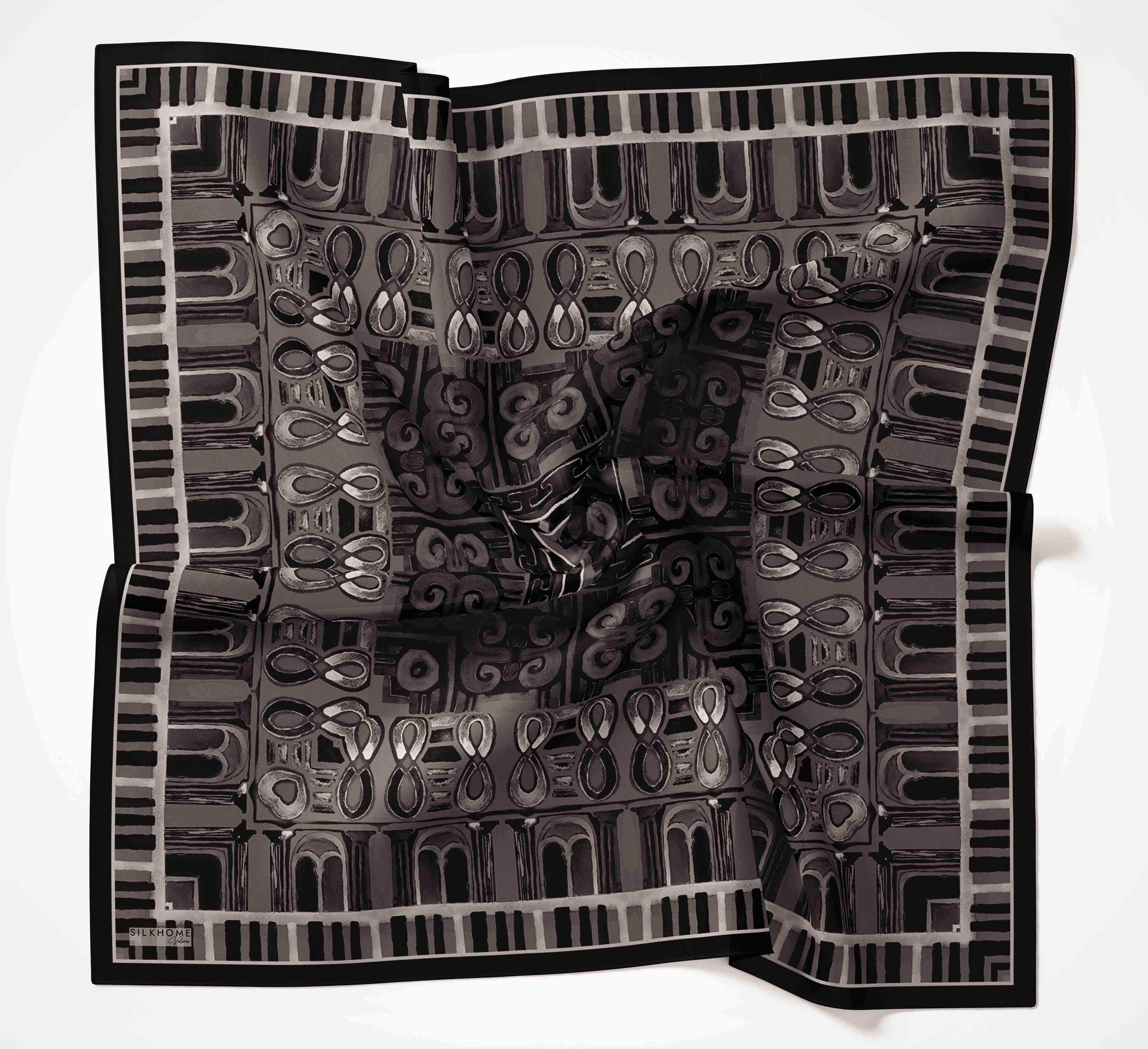 Viskon Velora Eşarp Dört Mevsim Antik Motif Desen Lacivert 90X90