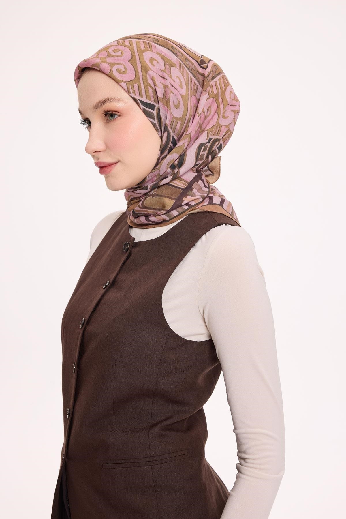 Viskon Velora Eşarp Dört Mevsim Antik Motif Desen Toz Pembe 90X90