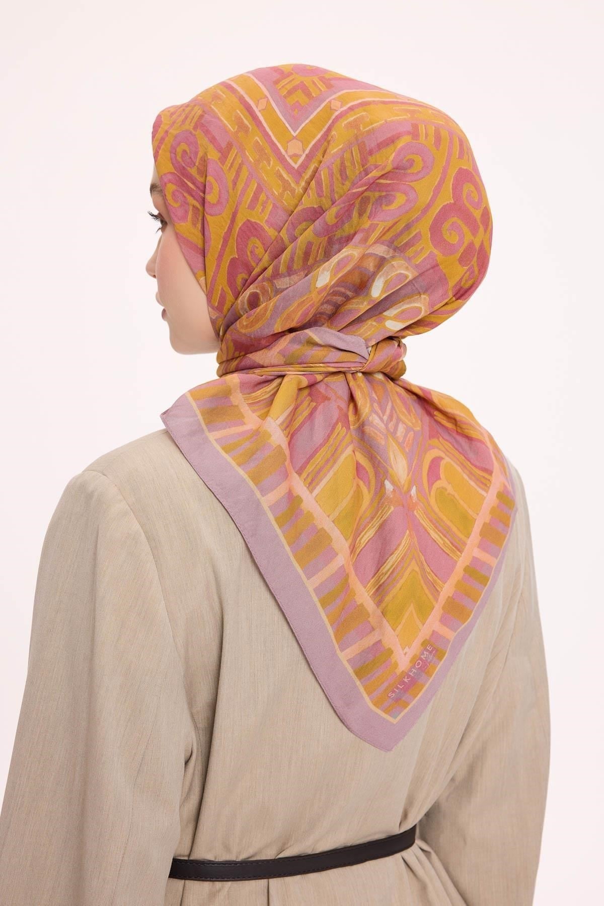 Viskon Velora Eşarp Dört Mevsim Antik Motif Desen Pastel Lila 90X90