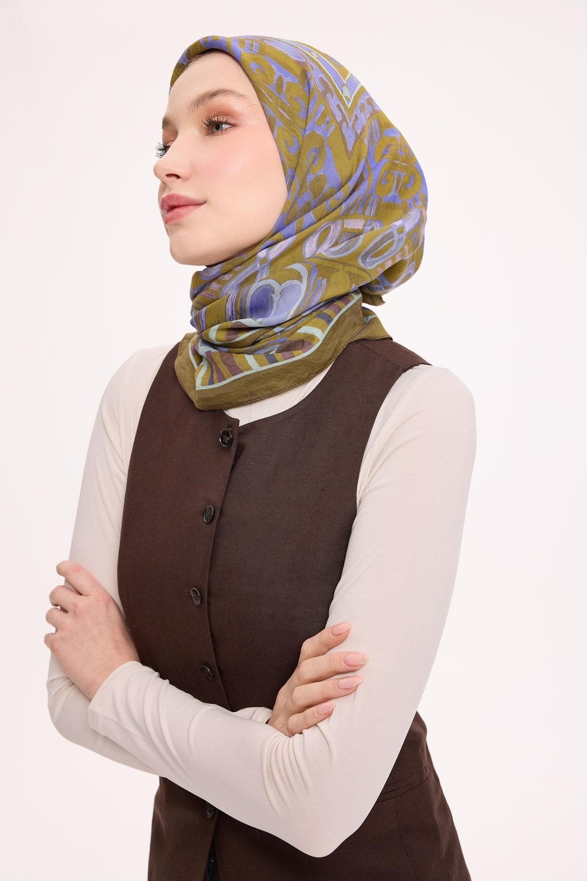 Viskon Velora Eşarp Dört Mevsim Antik Motif Desen Yağ Yeşili 90X90