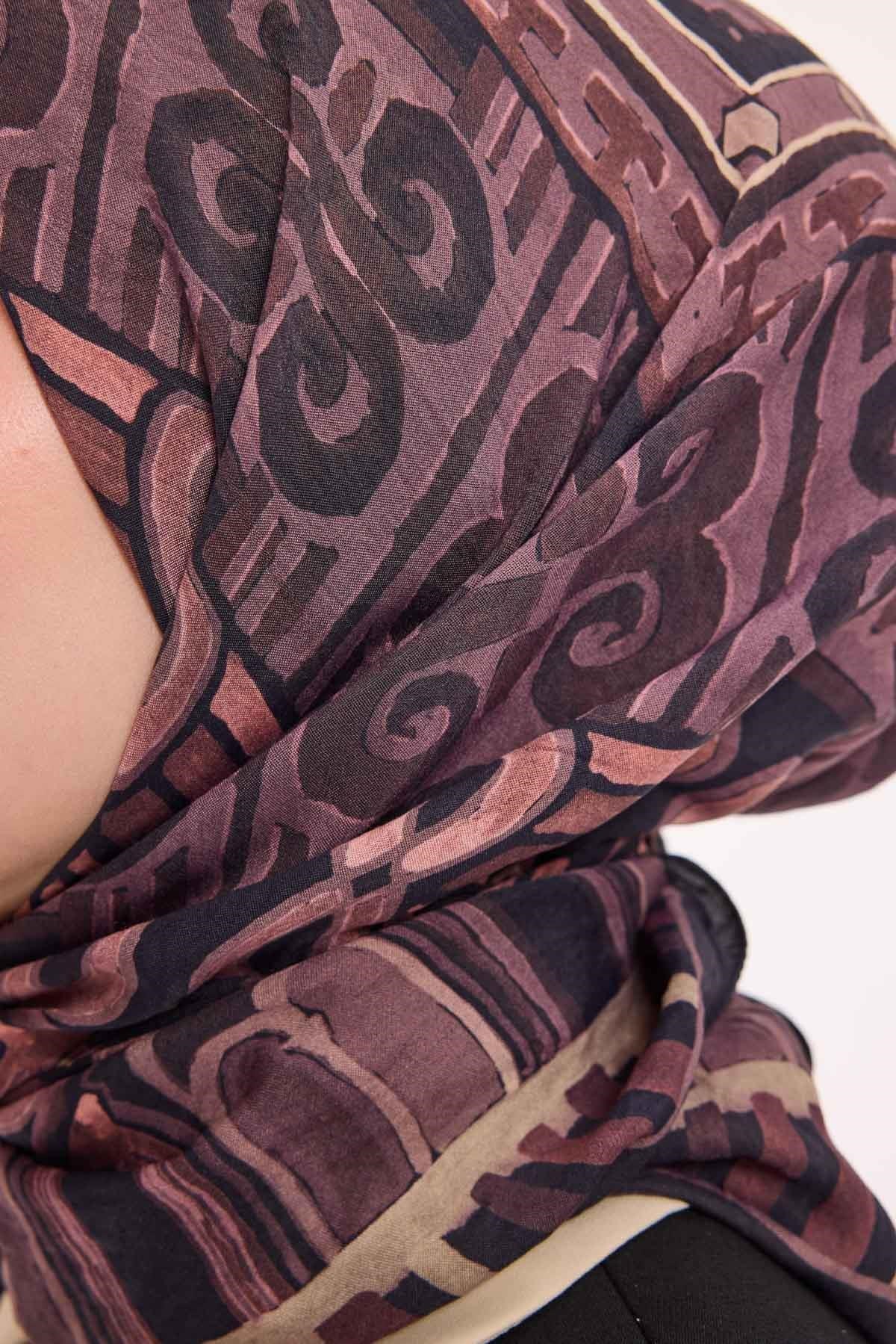 Viskon Velora Eşarp Dört Mevsim Antik Motif Desen Koyu Mor 90X90