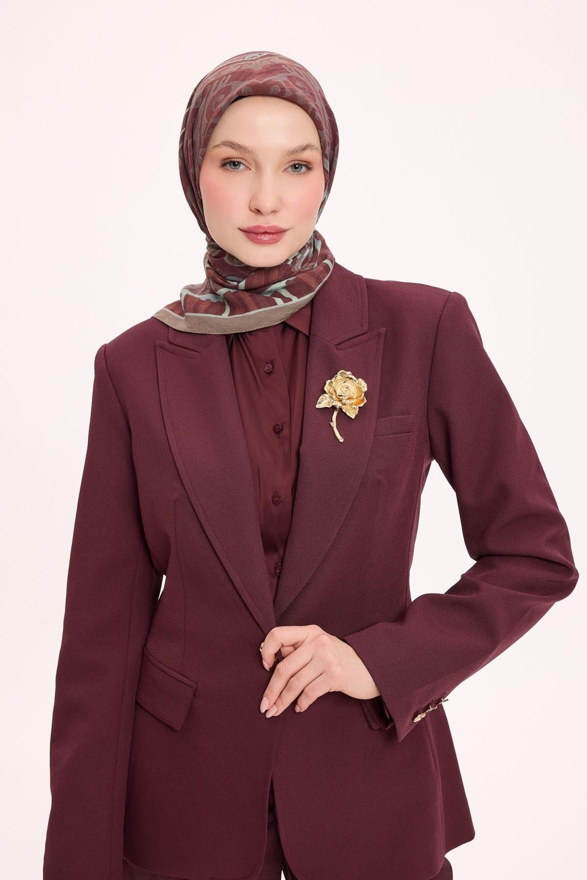Viskon Velora Eşarp Dört Mevsim Antik Motif Desen Kiremit Bordo 90X90
