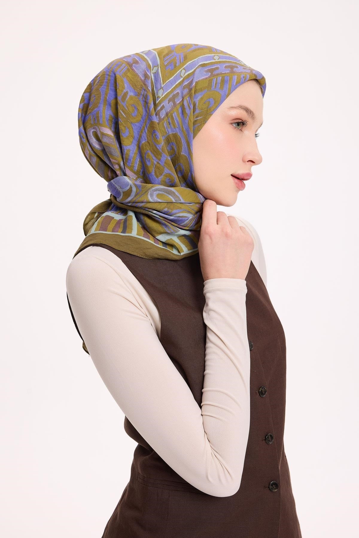 Viskon Velora Eşarp Dört Mevsim Antik Motif Desen Yağ Yeşili 90X90