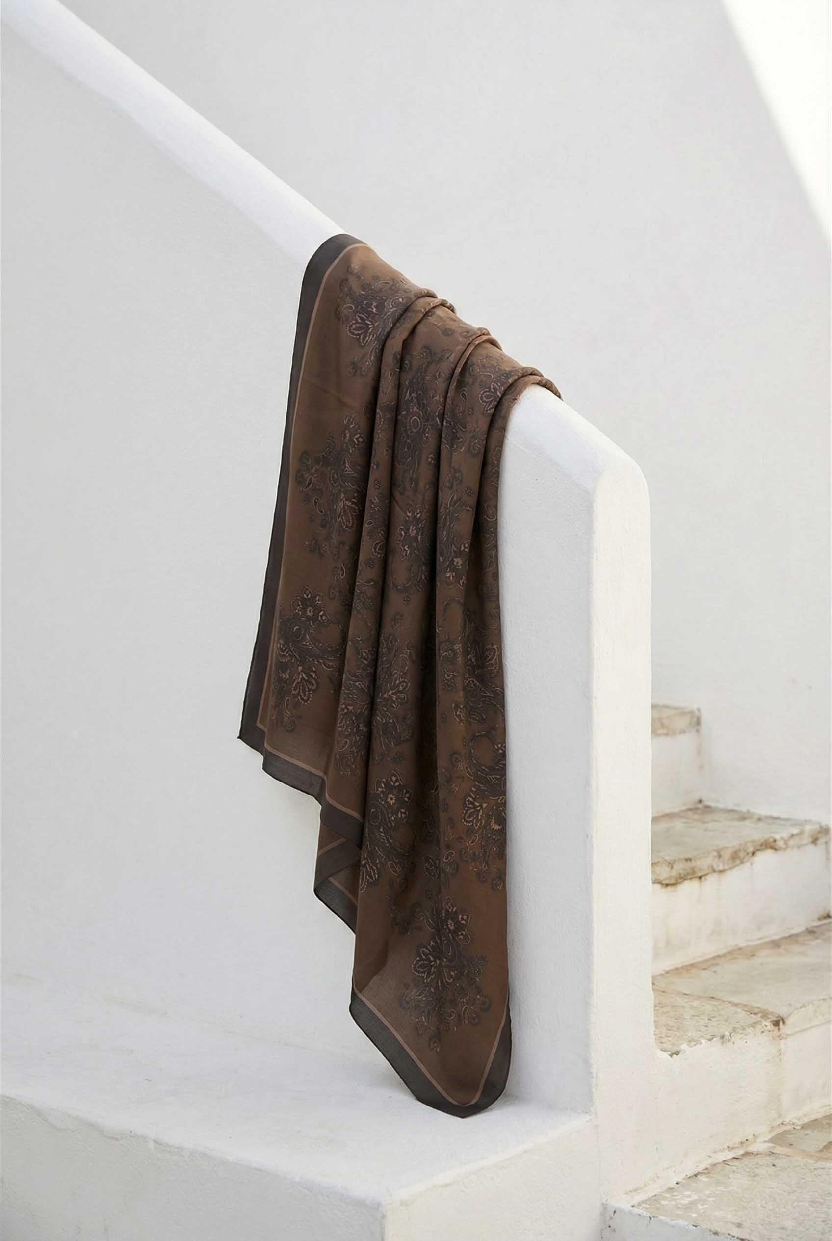 Viskon Velora Eşarp Dört Mevsim Barok Floral Desen Kahverengi 90X90