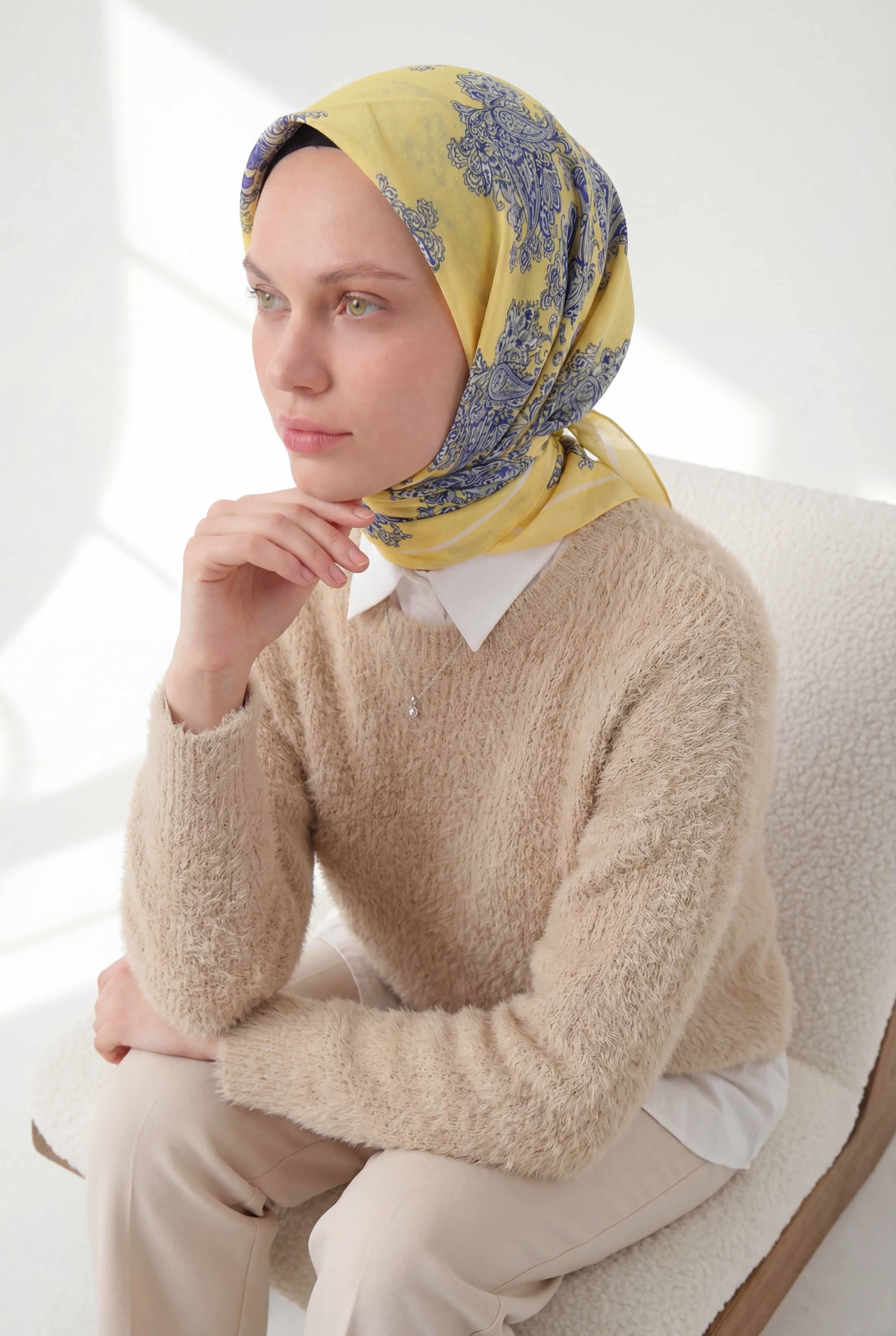 Viskon Velora Eşarp Dört Mevsim Barok Floral Desen Limon 90X90