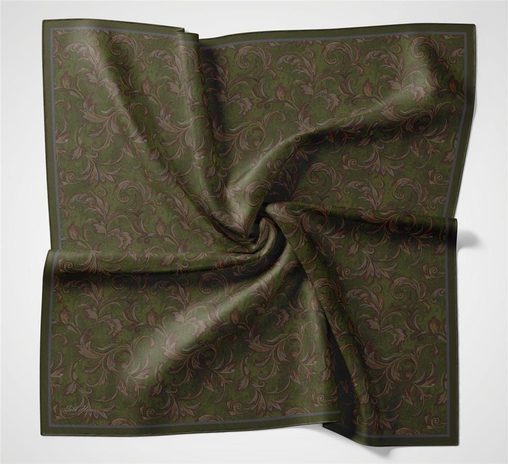 Viskon Velora Eşarp Dört Mevsim Barok Floral Desen Koyu Asker Yeşili 90x90