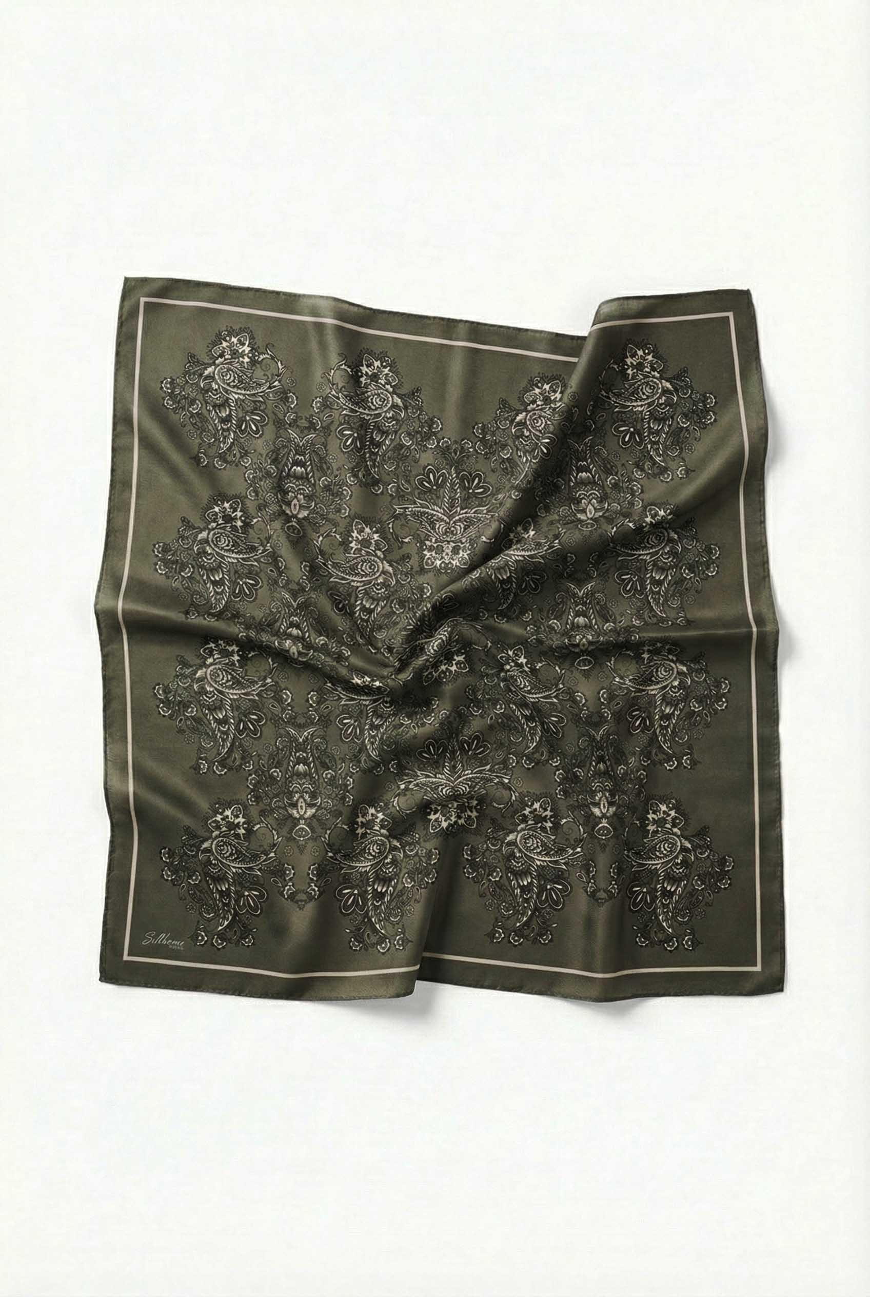 Viskon Velora Eşarp Dört Mevsim Barok Floral Desen Haki 90X90
